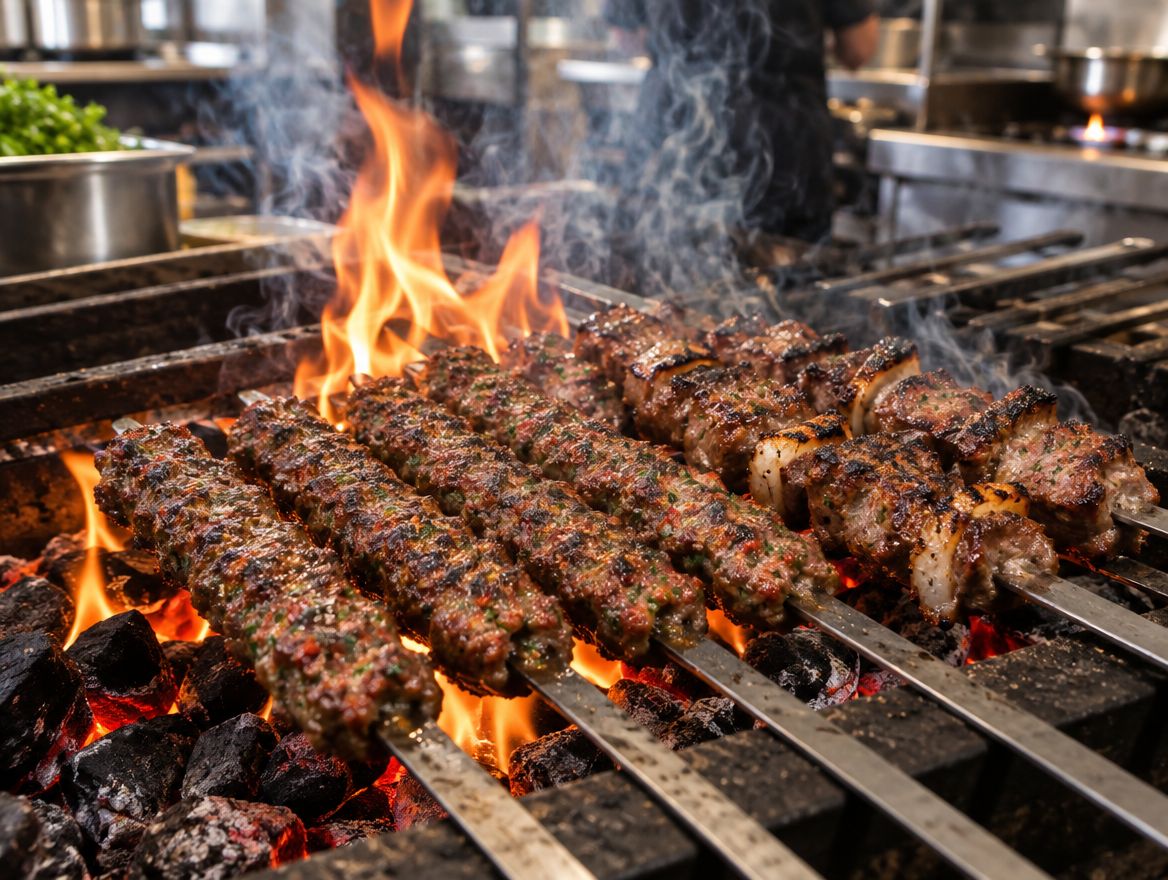 Kofta and kebab skewers sizzling over glowing charcoal