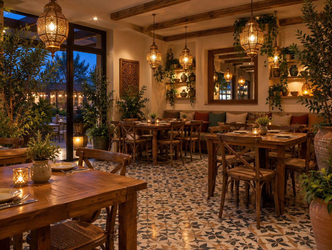 The dining hall at night, with hanging brass lanterns, wooden tables and patterned tile floors